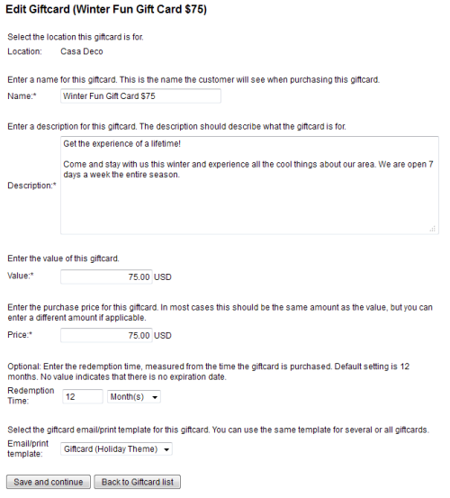 Gift card details