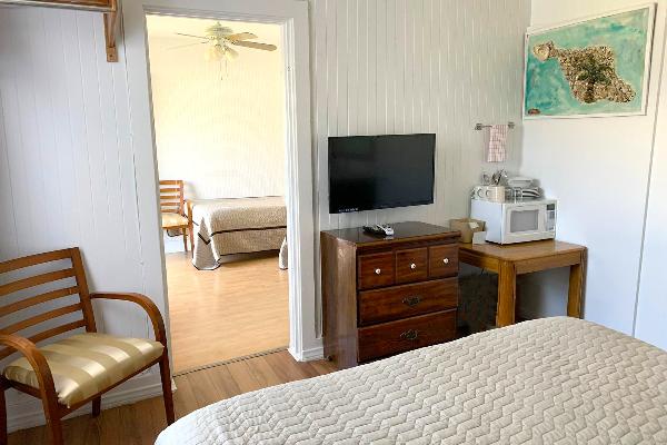 Queen bed (sleeps 2) in bedroom with kitchenette and new plasma TV.