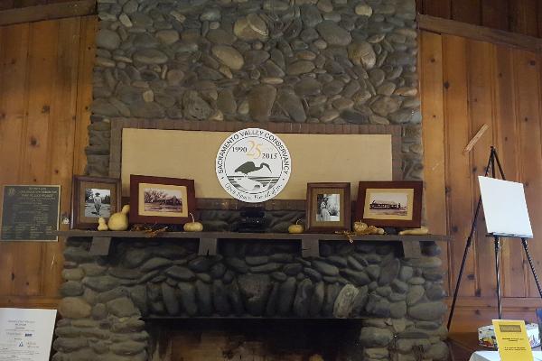 The original stone fireplace is a beautiful centerpiece in the lodge. 
