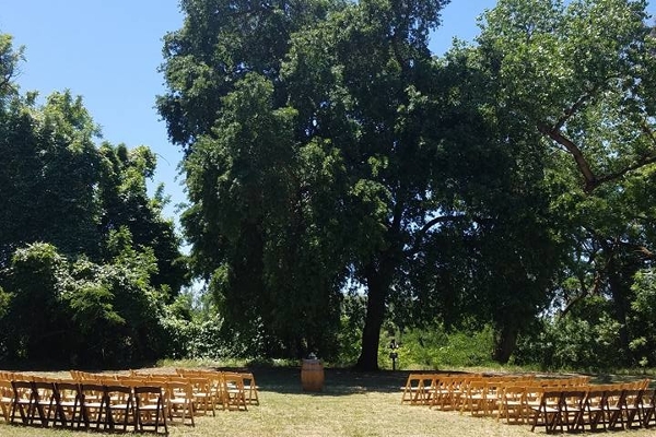 Open area behind lodge set-up for a wedding ceremony