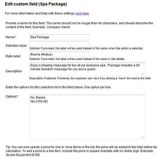 Custom Field example - Spa Package