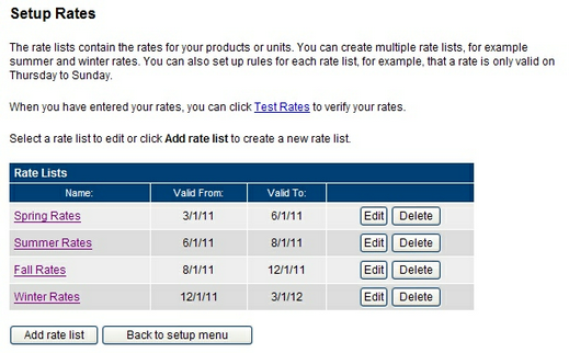 Setup rate lists